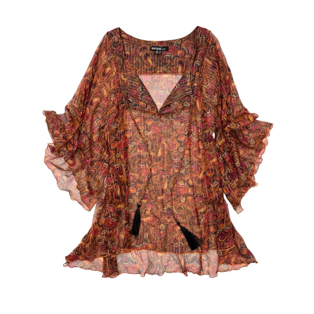 Kensie Silk Blend Gold Metallic Paisley Tassel Boho Blouse Top Orange Pink S